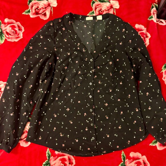 Levi’s Women’s Zenda Ruched Long-Sleeve Blouse Black Floral Size M MSRP $59 - Picture 4 of 12